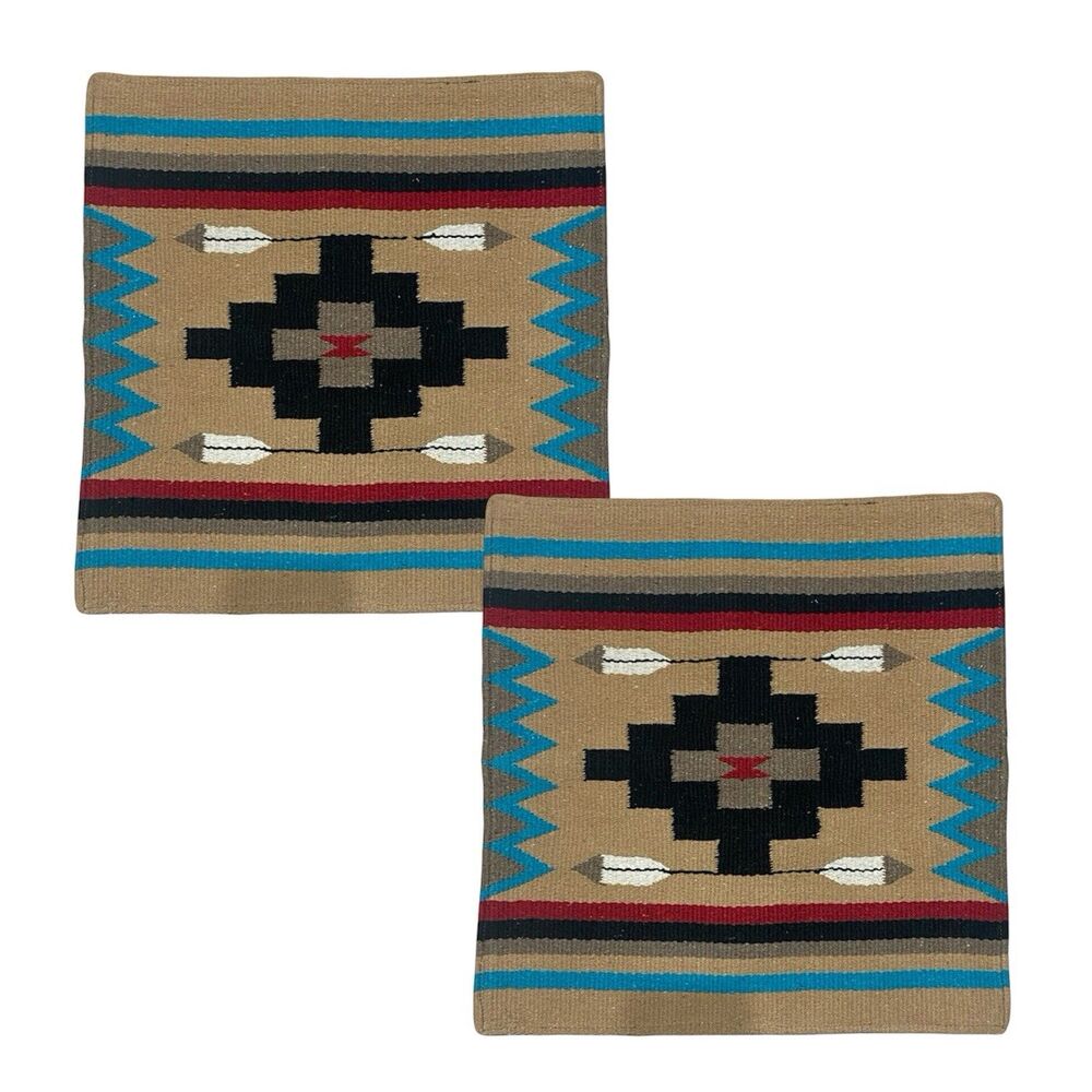 Pair of El Paso Saddle Blanket Co. 18” Wool Southwestern Aztec Pillow Covers TAN